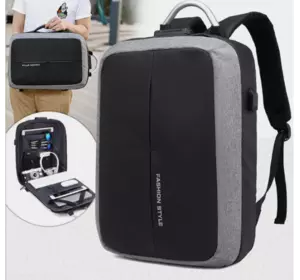 Діловий рюкзак для ноутбука для чоловіків із захистом від крадіжки, сумка 2 в 1 із сейфом, fashion style Чорний і сірий